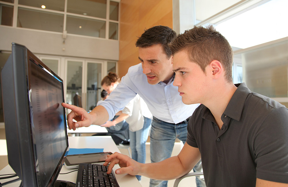 professor pointing to monitor helping a student with issue